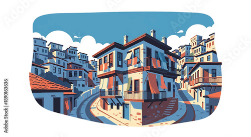 Turkish hillside house with balconies and narrow streets, modern flat vector illustration showing Anatolian residential architecture