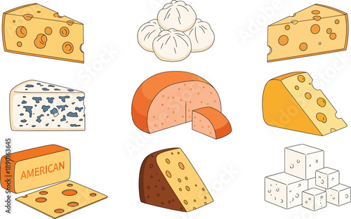 Cheese variety vector set with different cheese types, slices, blocks, cubes and dairy products isolated on white background for food and grocery design