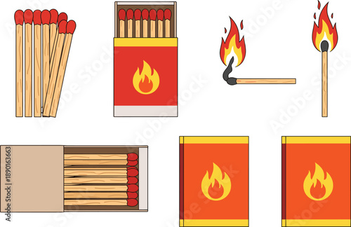 Matchstick vector illustration set with wooden matches, matchboxes, burning flame sticks and fire symbols isolated on white background for safety and fire design