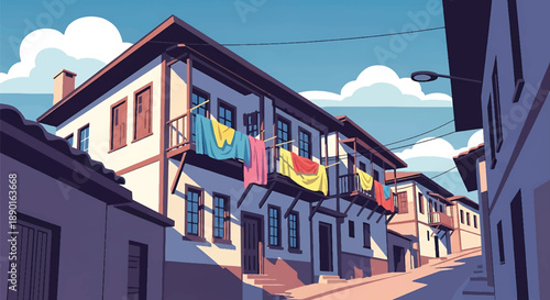 Turkish hillside house with balconies and narrow streets, modern flat vector illustration showing Anatolian residential architecture