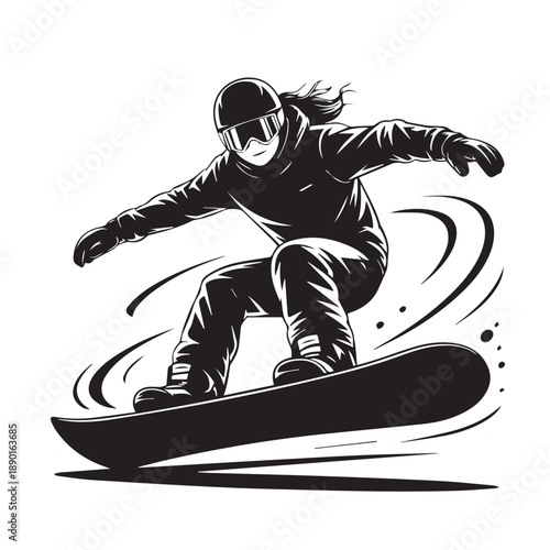 Snowboarding athlete performing extreme winter sports jump in mountain ski resort with professional equipment and safety gear vector illustration for active lifestyle clothing brand