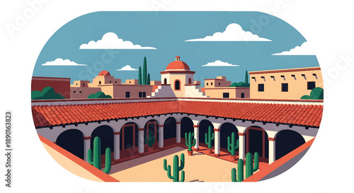 Mexican hacienda-style house with arches and cactus plants, modern flat vector illustration showing colonial residential architecture