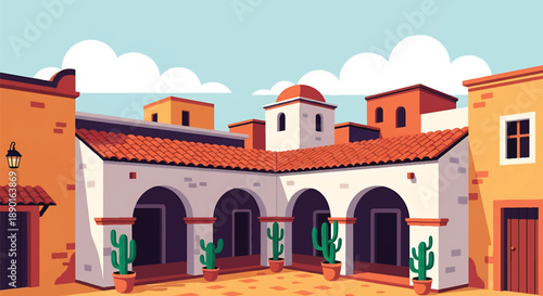 Mexican hacienda-style house with arches and cactus plants, modern flat vector illustration showing colonial residential architecture