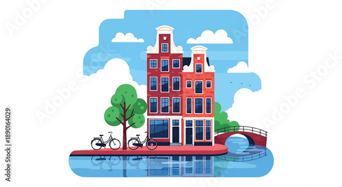 Dutch canal house with bicycles and water reflection, modern flat vector illustration showing urban residential architecture in Europe