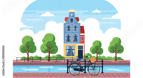 Dutch canal house with bicycles and water reflection, modern flat vector illustration showing urban residential architecture in Europe