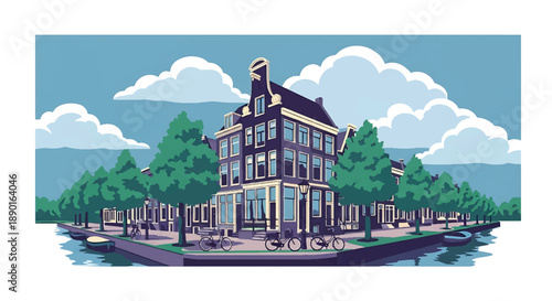 Dutch canal house with bicycles and water reflection, modern flat vector illustration showing urban residential architecture in Europe