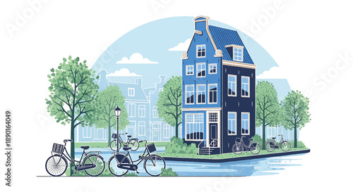 Dutch canal house with bicycles and water reflection, modern flat vector illustration showing urban residential architecture in Europe