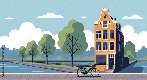 Dutch canal house with bicycles and water reflection, modern flat vector illustration showing urban residential architecture in Europe