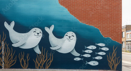 Colorful mural of sea lions and fish painted on a brick wall of an urban building