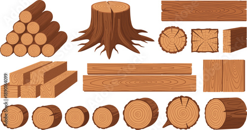 Wood logs and timber vector set with tree stump, cut firewood, wooden planks and log cross sections isolated on white background for forestry and construction design