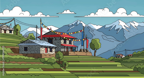 Nepalese hillside house with stone walls and mountain view, modern flat vector illustration showing Himalayan residential architecture