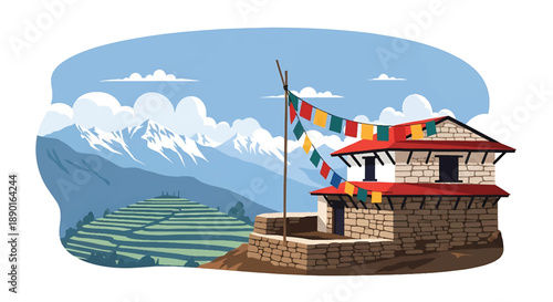 Nepalese hillside house with stone walls and mountain view, modern flat vector illustration showing Himalayan residential architecture