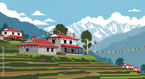 Nepalese hillside house with stone walls and mountain view, modern flat vector illustration showing Himalayan residential architecture