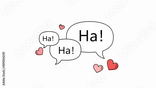 Hand drawn comic speech bubble illustrations display 'Ha!' text with scattered red hearts. Playful elements symbolize joyful communication and cheerful conversation.