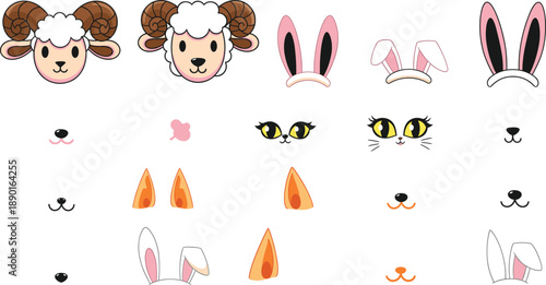 Cute cartoon animal facial features vector set with sheep and rabbit ears eyes noses and mouths for character design