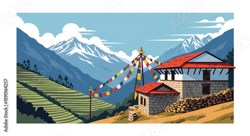 Nepalese hillside house with stone walls and mountain view, modern flat vector illustration showing Himalayan residential architecture