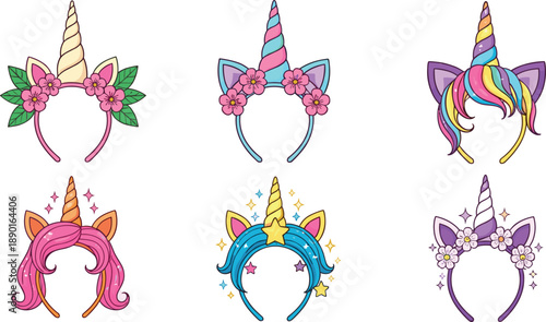 Cute unicorn headband vector collection with colorful horns ears flowers and stars for party decoration kids fashion and fantasy design