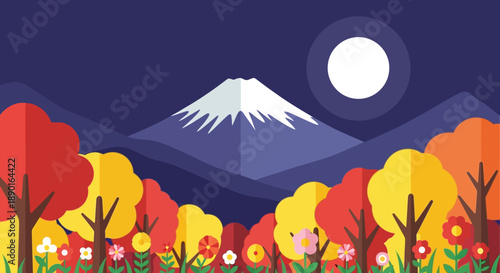 Nighttime autumn forest landscape with colorful trees and distant mountain under full moon.