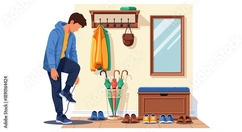 Young man examining his shoes in a cozy entryway with coat rack and wooden bench.