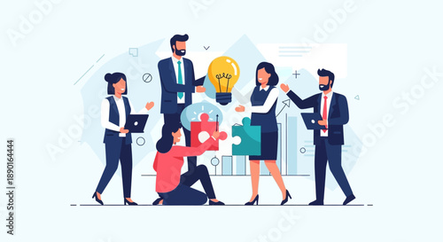 Diverse team collaborating on puzzle pieces during a corporate meeting and planning session.