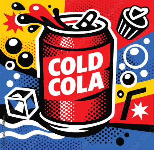 halftone, soda, can, cola, carbonated, drink, beverage, refreshment, fizzy, soft, bottle, cold, sparkling, party,