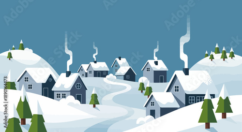 Snowy village landscape with snow-covered cottages, smoke from chimneys, and winding river in a quiet winter scene.