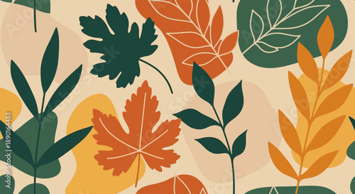 Vibrant autumn leaves in warm fall colors create a botanical pattern across the image.