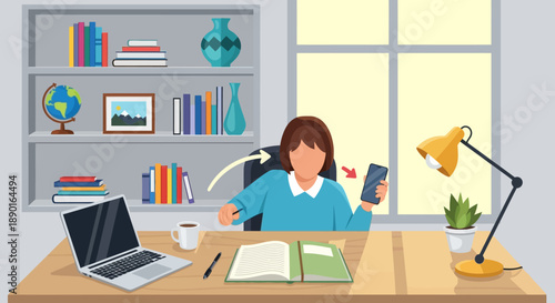 Focused student studying at a tidy desk with books and laptop in a bright home office environment.