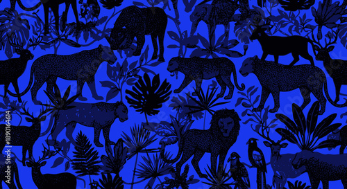 Blue and Black Silhouette Pattern Featuring Animals and Foliage for Textile and Graphic Design.
