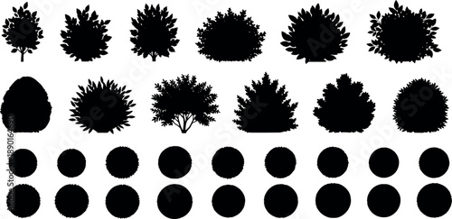 Collection of black bush and shrub silhouettes for landscape design, gardening, and architectural nature vector illustration.