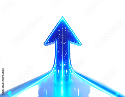 Blue energy streams merge into an upward-pointing arrow, glowing with light