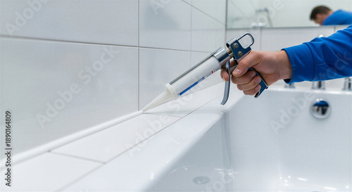 Person applying silicone sealant to tiles with a caulking gun in a bathroom setting with copy space .