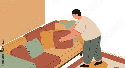 Person tidying a sofa with cushions in a cozy living room.
