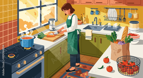 A homemaker in a cozy kitchen prepares fresh vegetables and fruit on the counter beside the stove.