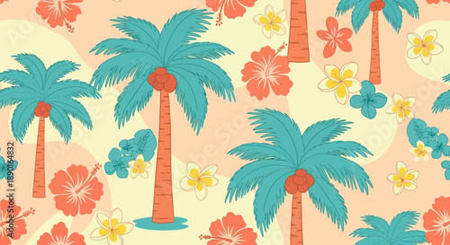 Tropical palm trees pattern with colorful flowers on a warm yellow background, decorative and seamless for textiles.