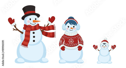 Three cheerful snowmen with scarves and hats share smiles in a festive winter scene.