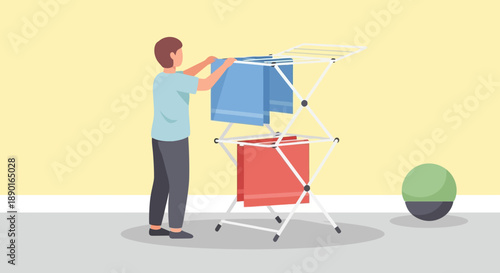 Man organizing laundry on a rack with baskets in a bright room.