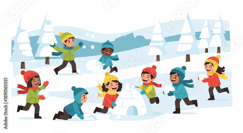 Cheerful group of people skating together on a snowy frozen pond in a colorful winter scene.