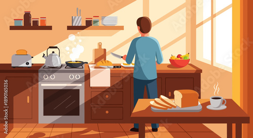 A person cooks in a cozy kitchen with bread on the counter and sunlight filling the room.