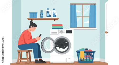 Person Doing Laundry at Home in Bright Laundry Room with Washing Machine, Detergent Bottles, and Laundry Basket.