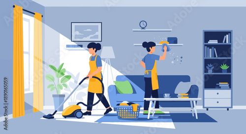 Bright living room scene with people cleaning and organizing laundry as a pet watches.
