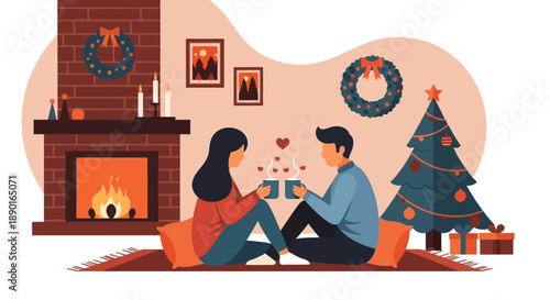 Cozy indoor gathering by the fireplace with friends, stockings, and a Christmas tree in a warm living room.