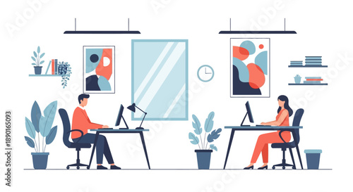 Two professionals working at separate desks in a bright modern office with plants and artwork.