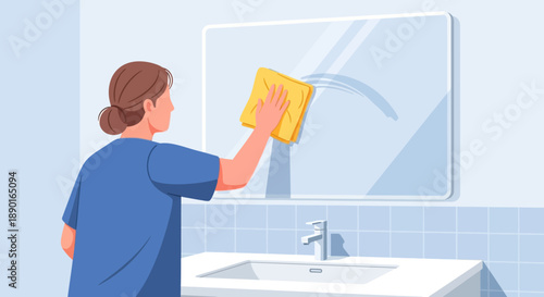 Person cleaning a glass window with a sponge in a bright home bathroom scene.