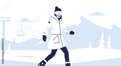 Stylized winter scene with a lone skier gliding past snowy mountains and pale blue skies.