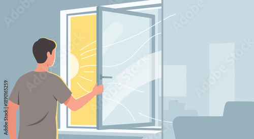 Person Opening Window in Modern Interior of a Building.