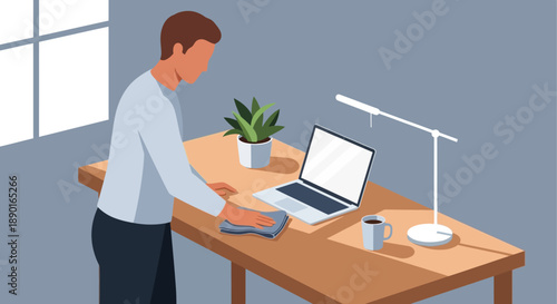 Person working at a desk with laptop and plant in a modern office interior, daytime workspace scene.