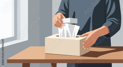 A person places papers into a box on a table during voting.