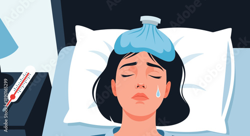 Woman Lying in Bed Sick with Fever and Thermometer Nearby in Bedroom.