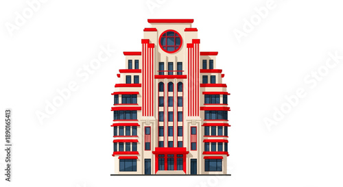Elegant red and cream art deco building with a towered façade and ornate detailing along a city street.